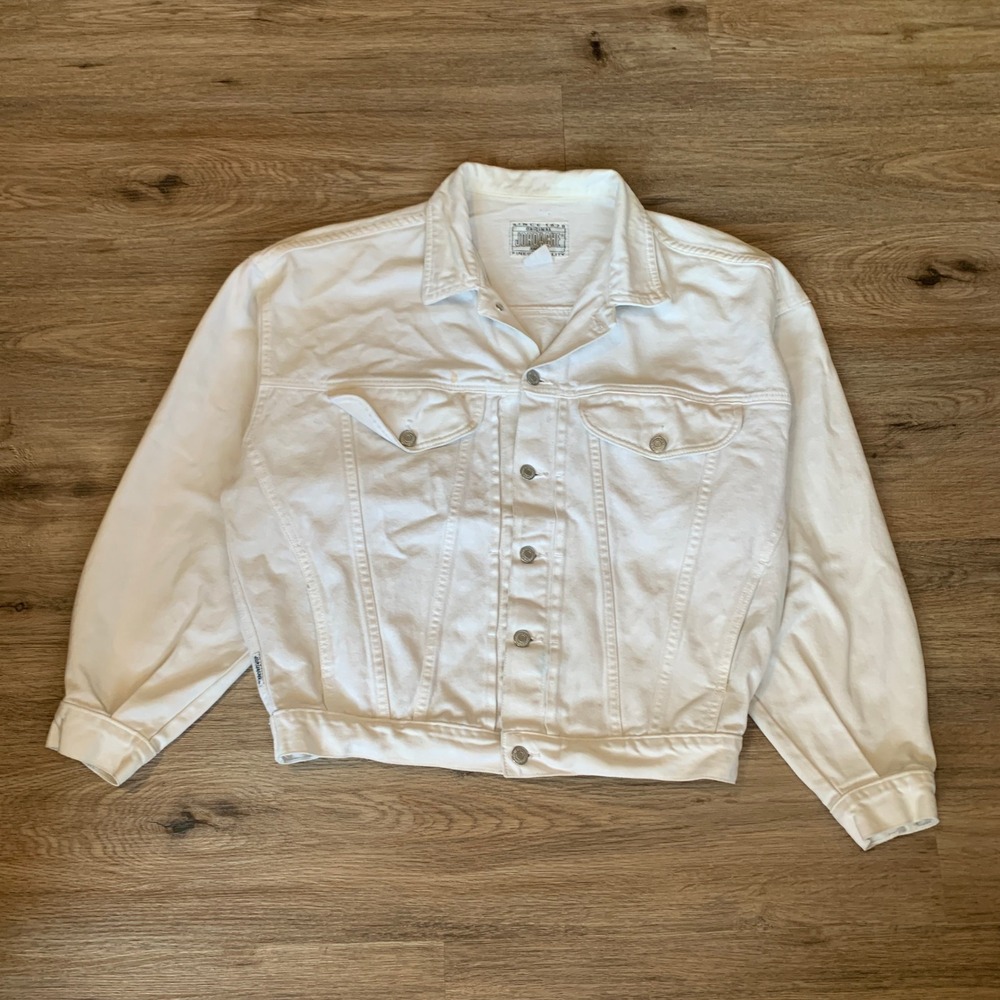 Vintage 80s Jordache White Denim Jacket Mens L Trucker Coat Retro Jean Jacket